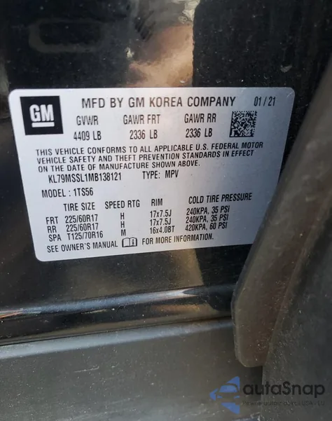 2021 Chevrolet Trailblazer Activ from USA, damaged, VIN KL79MSSL1MB138121